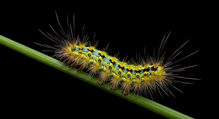 Caterpillar Crawling on Green Stem Against Black Background