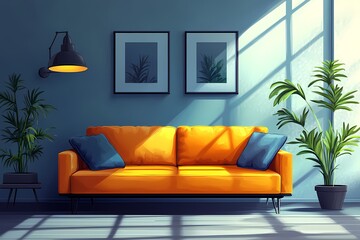 Modern Interior Design: Bright Orange Sofa in Cozy Living Room with Wall Art and Lush Greenery