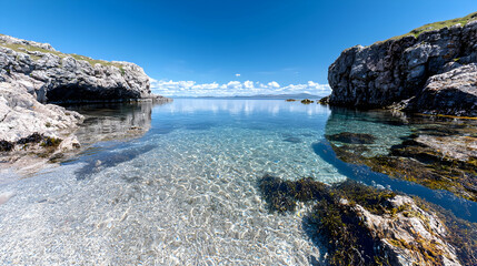 Serene coastal scene crystal clear water and tranquil rocks