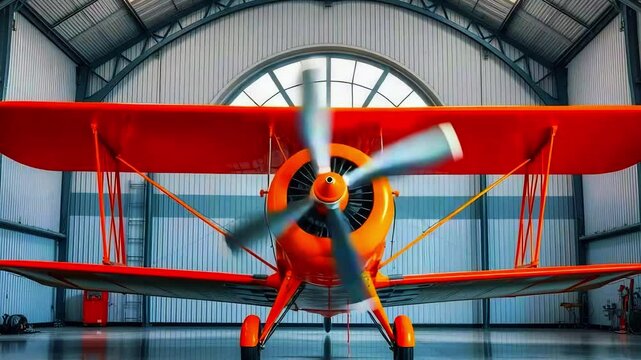 Vintage orange biplane showcased in an industrial hangar with sunlight filtering through windows