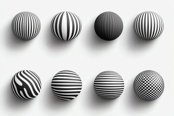 Fototapeta premium Eight stylish black and white striped spheres with different patterns create a visually appealing geometric design Perfect for backgrounds or graphic design projects