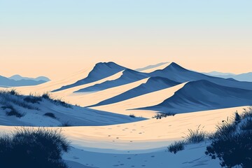Serene Desert Landscape: Illustration of Mountains, Sand Dunes, and Blue Sky