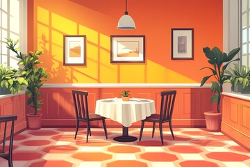 Modern Dining Room with Sunlit Orange Walls and Minimalist Decor | Interior Design Inspiration