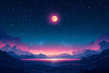 Obraz premium Cosmic Landscape: Enchanting Night Sky with Vibrant Colors Over Tranquil Waters and Mountain Silhouette