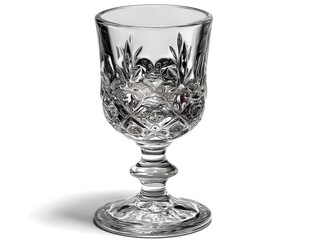 A clear glass stemmed goblet with intricate cut glass design and a wide bowl sits on a white background.
