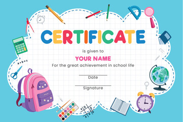 School graduation certificate template clipart. Kindergarten educational award certificate clip art for graduate appreciation achievement editable diploma vector illustration.   
