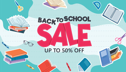 Back to school sale clipart banner. School educational promotion with 50% off shopping discount for business advertising poster vector illustration. 

