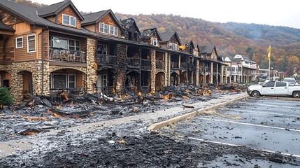 Fire-ravaged multi-unit dwelling, showing extensive charring and structural damage. Debris covers the ground