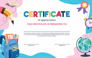 School certificate award template clipart. Kindergarten graduation diploma editable clip art for education achievement appreciation document lay out design vector illustration.  
