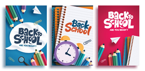 School greeting clipart poster set. Back to school template clip art collection with educational learning supplies for flyers and banners education design vector illustration. 
