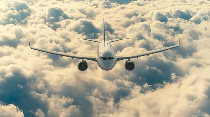 Fototapeta premium Airplane Flying Over Clouds in Bright Blue Sky High Quality Photo