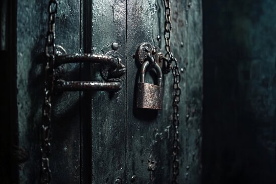 Old rusty padlock securing a weathered wooden door in a dimly lit location at night - Powered by Adobe