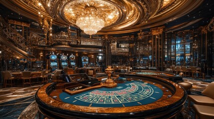 Obraz premium ornate casino interior featuring roulette tables slot machines and a large chandelier illuminating the space conveying luxury and excitement