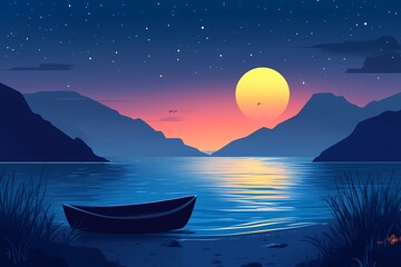 Moonlit Lake Landscape with Silhouetted Boat and Mountains - Serene Night Adventure Illustration