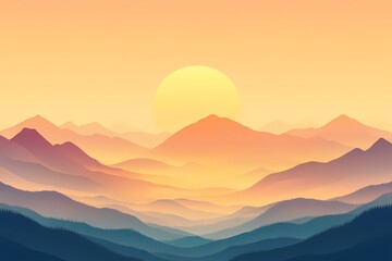 Serene Sunset Mountain Landscape: Tranquil Evening Sky Gradient Illustration with Mystical Silhouetted Peaks and Pastel Colors