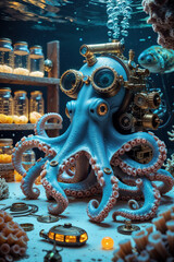 Fototapeta premium The Underwater Inventor Octopus is a genius cephalopod engineer who resides in a coral-covered workshop deep beneath the ocean