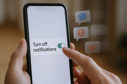 person interacts with smartphone displaying toggle switch for turning off notifications, illustrating visual metaphors of ethical messaging