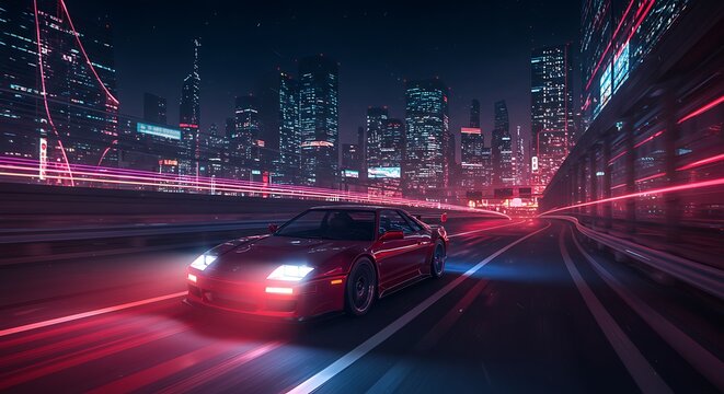 Red Sports Car Driving Through Futuristic Pixel Art Night Cityscape
