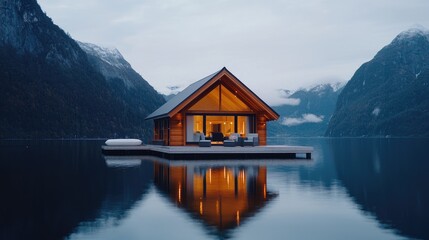 Fototapeta premium Serene wooden houseboat on calm water with mountain views