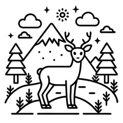Line Art Deer in Mountain Landscape Illustration