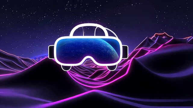VR headset, virtual Earth, neon landscape, night sky, tech concept