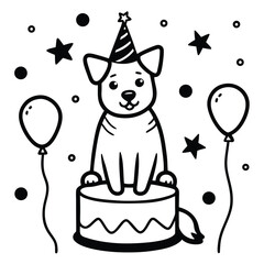 Cute Cartoon Dog Celebrating Birthday with Cake and Balloons