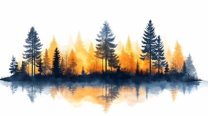 Silhouette of Vibrant Autumn Trees: Tranquil Forest Reflections at Sunset