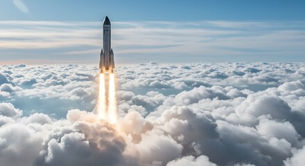 Naklejka premium Rocket Launch Through Clouds at Sunrise