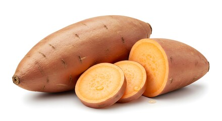 Raw sweet potato with skin, next to a sliced ​​one, on a white background