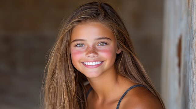 Smiling young woman portrait natural light warm tones happy expression casual indoor setting