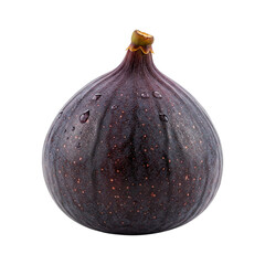 A plump, dark fig glistening with dew, a jewel of nature's bounty, captured in sharp detail against a clean white background.