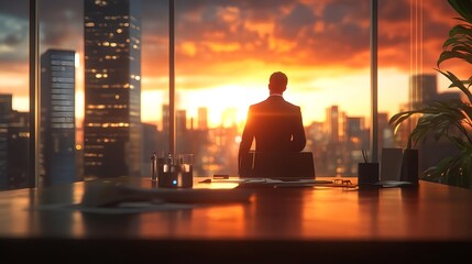 Business Silhouette with Sunset View Over Cityscape in Office