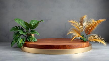 Obraz premium Clean Round Wood Podium with Subtle Greenery Accents