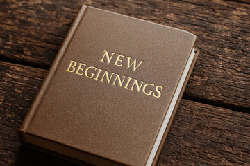 book titled New Beginnings rests rustic wooden surface, symbolizing fresh starts and opportunities. This visual serves as metaphor for ethical