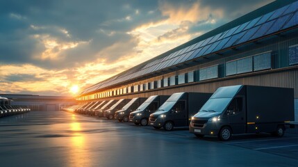 Naklejka premium Fleet of delivery trucks lined up at distribution warehouse during sunset