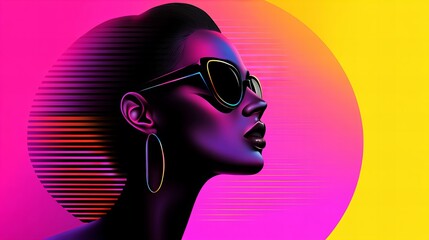 Woman with dark features wears sunglasses against a vibrant pink and yellow color gradient background.