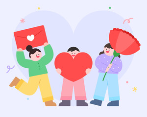 어버이날 스승의 날 가정의 달 편지와 꽃을 들고 감사와 사랑을 표현하는 귀여운 어린 아이들 일러스트