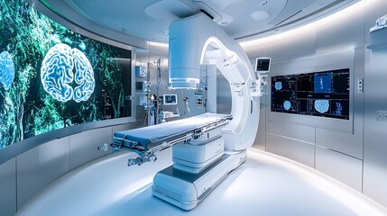 Modern medical suite with advanced imaging equipment & brain scan display