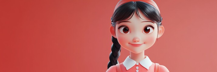 A cheerful animated girl with braided hair smiling against a vibrant red background.