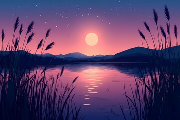 Serene Evening. Stunning Sunset over Mountainous Terrain Reflects in Tranquil Waters