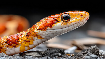 Fototapeta premium Close-up of a corn snake's head, showcasing its vibrant orange and white scales. The snake's eye is sharply in focus.