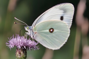 Closeup of Pale Green Butterfly on Purple Flower