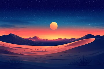 Desert Sunset and Moon. Tranquil Digital Art Landscape with Vibrant Colors