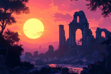 Vibrant Sunset Reflections on Ancient Ruins. Explore Nature's Beauty in a Serene Landscape
