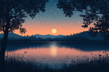 Serene Sunset at Mountain Lake. Tranquil Evening Reflections and Starry Sky in Scenic Wilderness