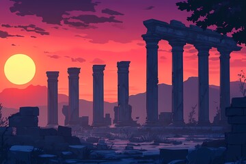 Epic Sunset Columns. Ancient Ruins Silhouetted Against a Vibrant Sky