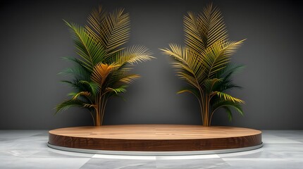 Obraz premium Podium Simple Wood Stand with Elegant Tropical Leaf Decor Against a Dark Wall