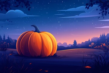 Whimsical Pumpkin Patch Under a Starry Autumn Night Sky Halloween Illustration
