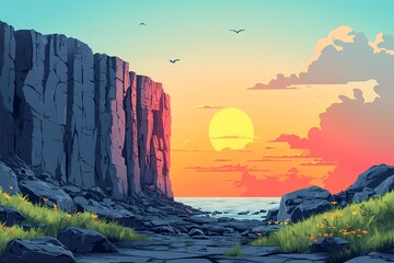 Vibrant Ocean Sunset Over Cliffs. Scenic Horizon with Nature's Melodic Waves and Tranquil Coastal Beauty