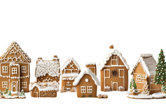 Gingerbread Village Illustration with Icing and Decorations on Isolated Transparent Background - Powered by Adobe